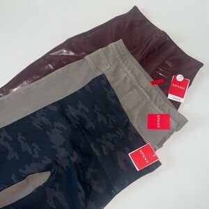 3 NWT Womans SPANX!  S/XS  Black Camo leggings, Burgandy Faux Leather, Grey Jegs